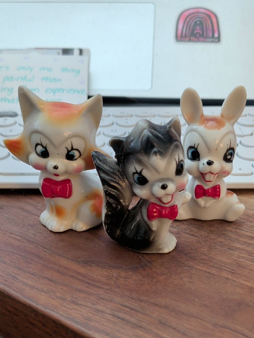 Vintage Ceramic Small Pets Figurine Set - White with Red Accents